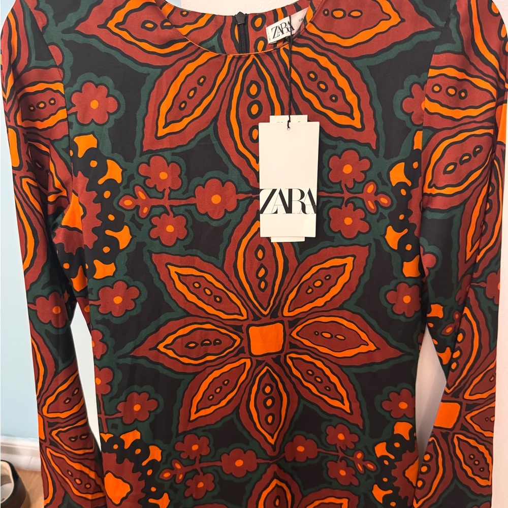 Zara Orange and Red Graphic Long Sleeve Dress